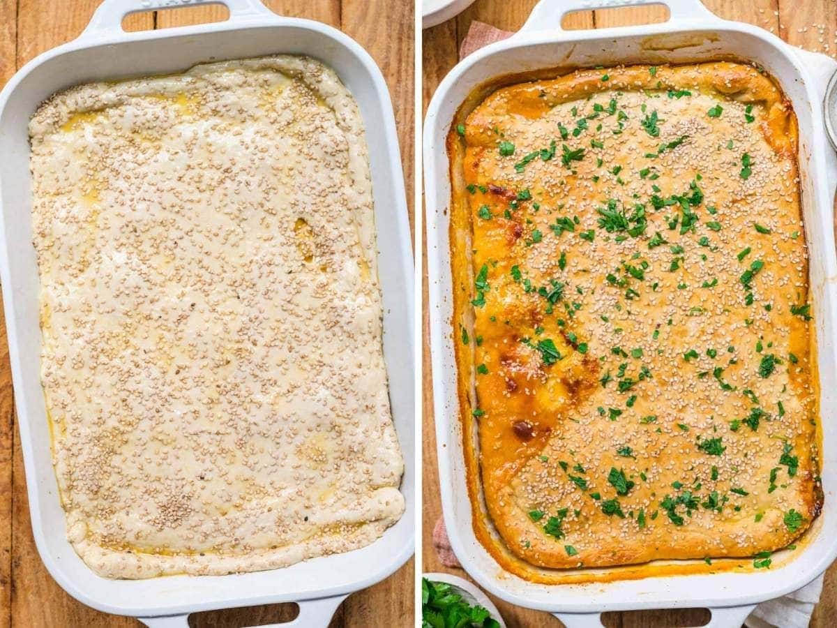 Assembled casserole in dish before and after baking