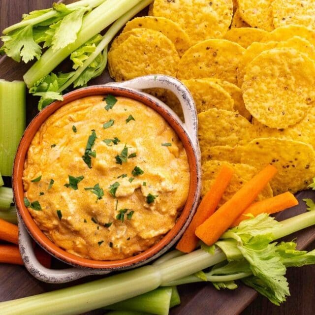 Buffalo Chicken Dip with crackers and veggies