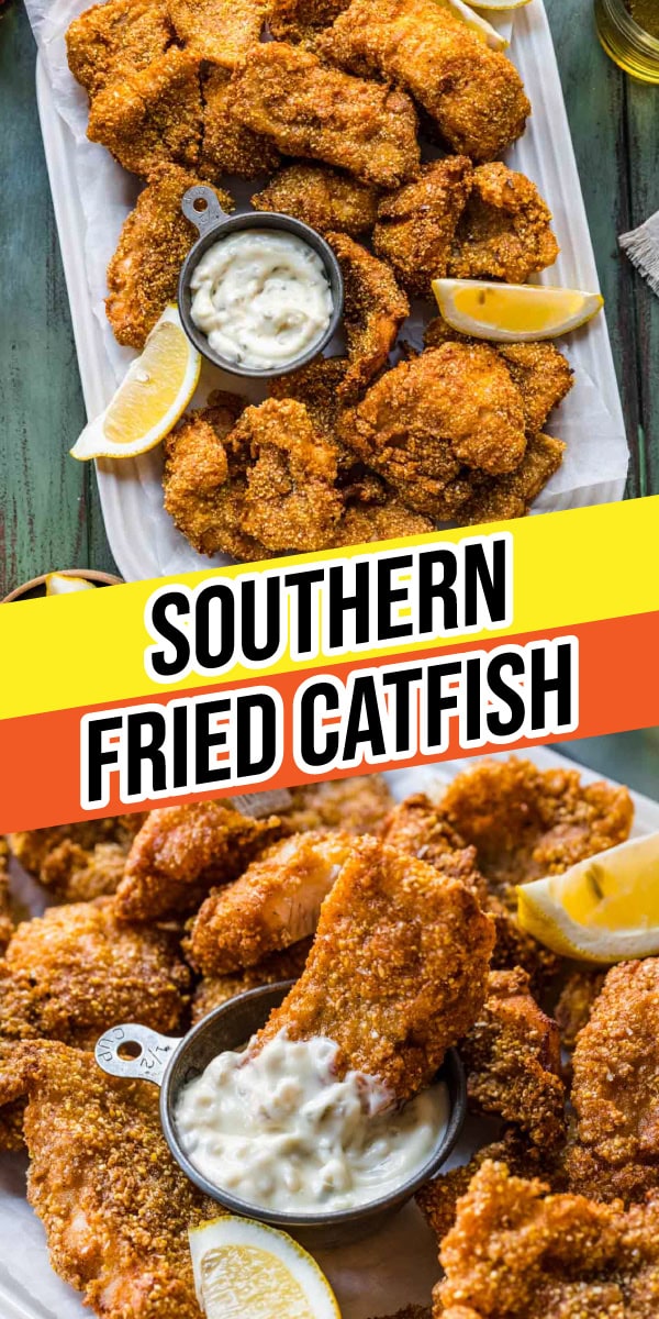 Southern Fried Catfish has a golden brown, crispy, seasoned cornmeal coating and perfectly cooked tender flaky fish. Classic comfort food! Collage of plated fish pieces with lemon and tartar sauce