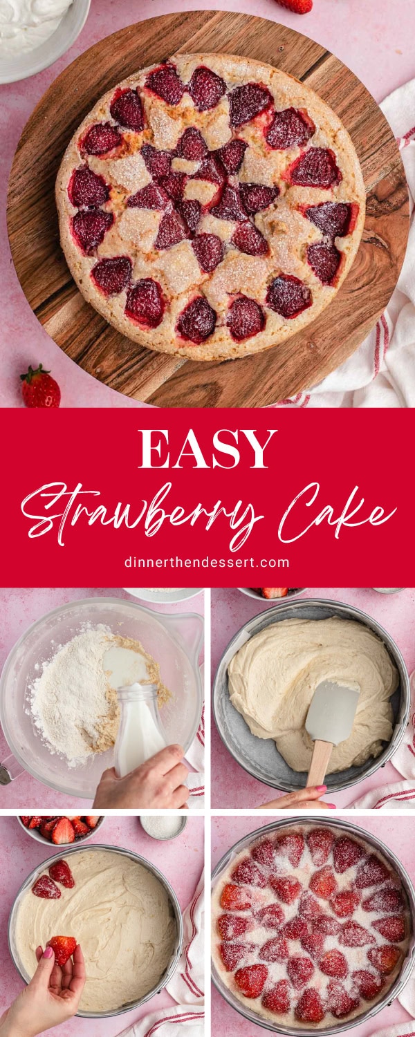 Collage of preparing cake and whole baked cake