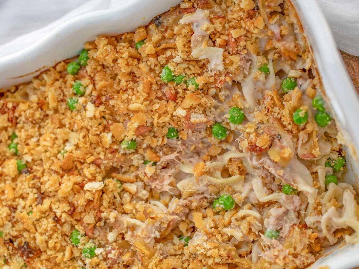 Baked Casserole with Egg Noodles and Peas in pan.
