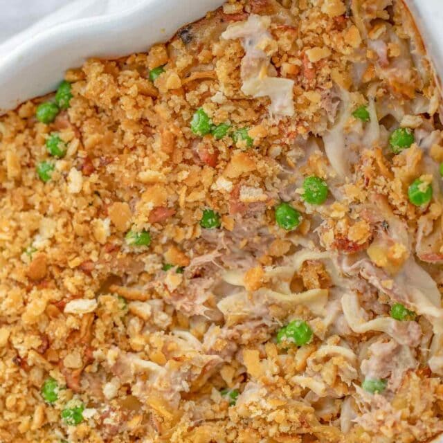 Baked Casserole with Egg Noodles and Peas in pan.