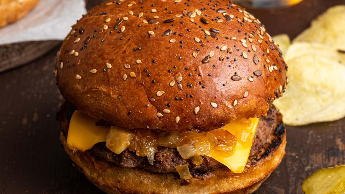 Close up of assembled burger