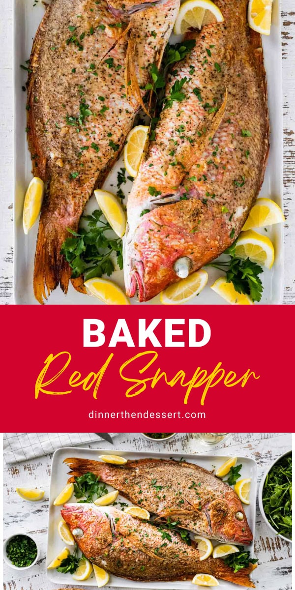 Collage of whole baked fish plated with lemon and parsley.