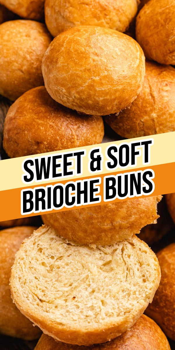 Collage of baked buns, one bun halved to see inside.