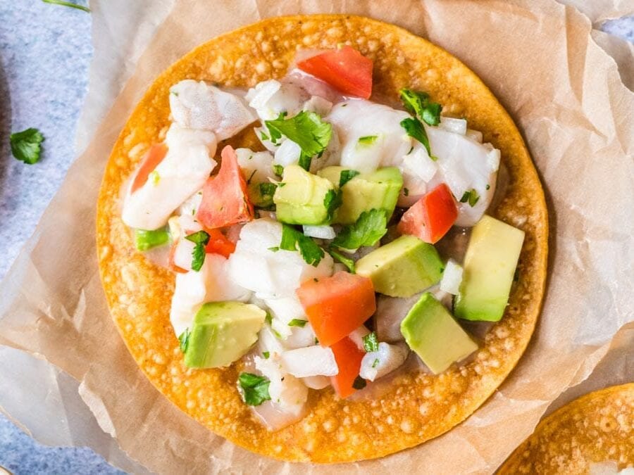 Ceviche on crispy tostada shell