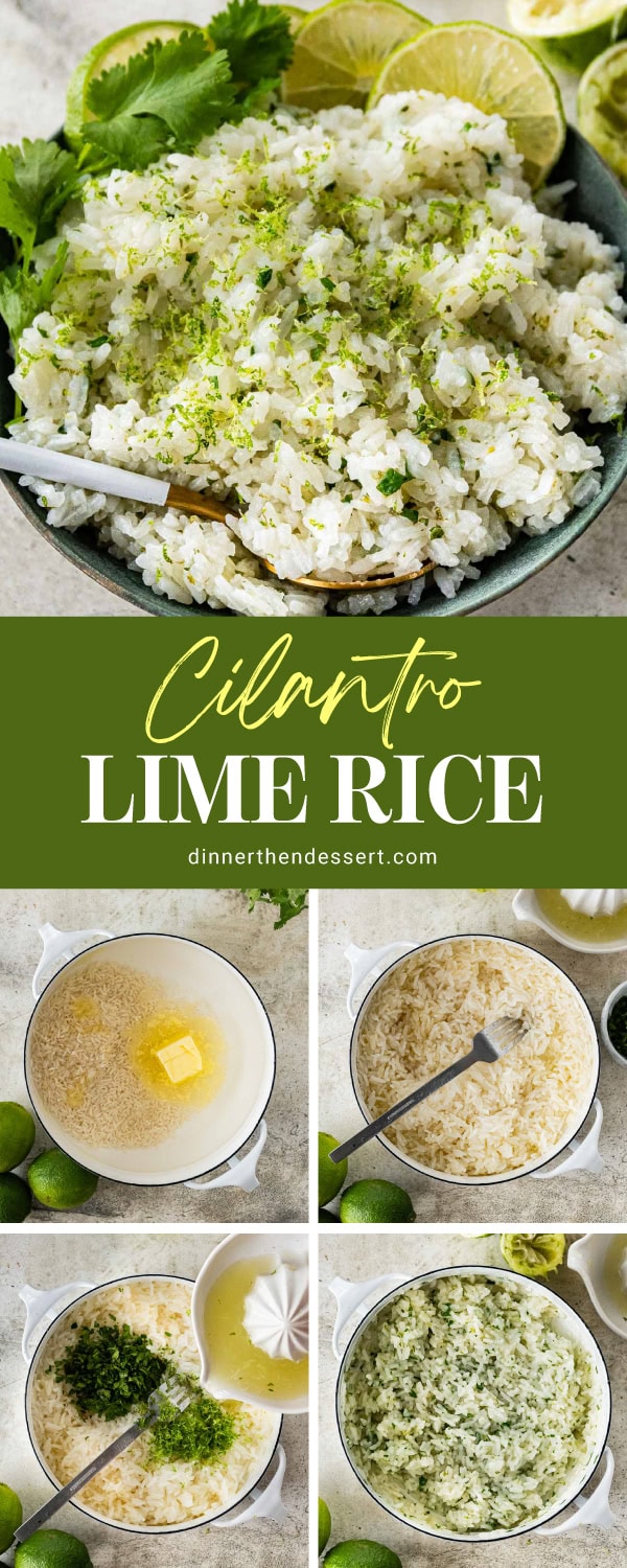 Collage of garnished rice in bowl and 4 preparation steps