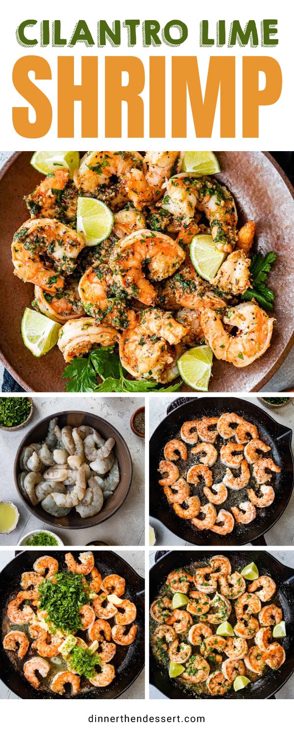 Collage of preparation, cooked shrimp in pan, plated shrimp