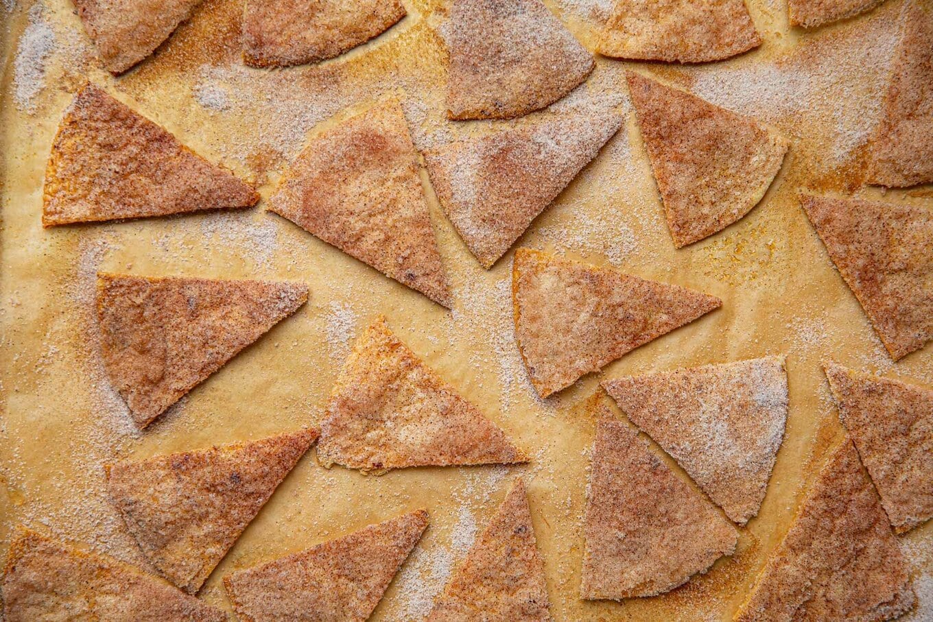Cinnamon Sugar Tortilla Chips on baking sheet