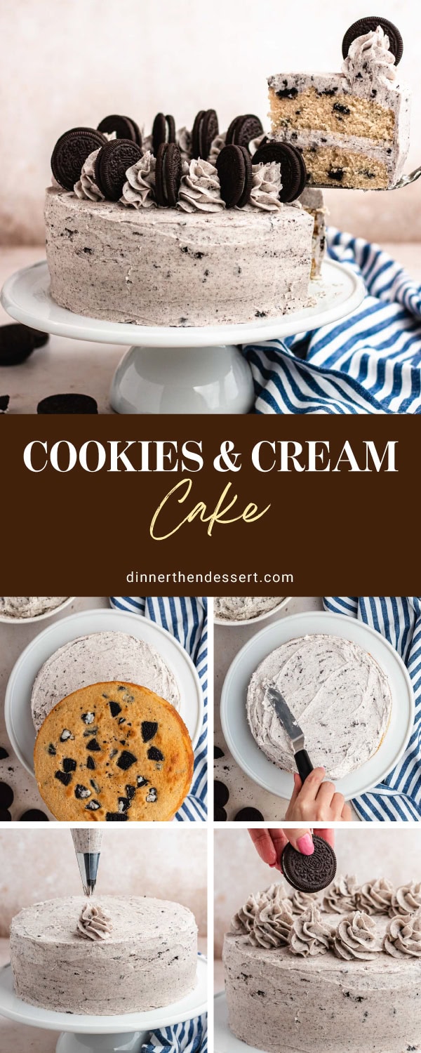 Collage of decorating cake and frosted cake on stand.