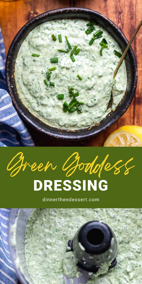 Collage of prepared dressing in bowl and food processor