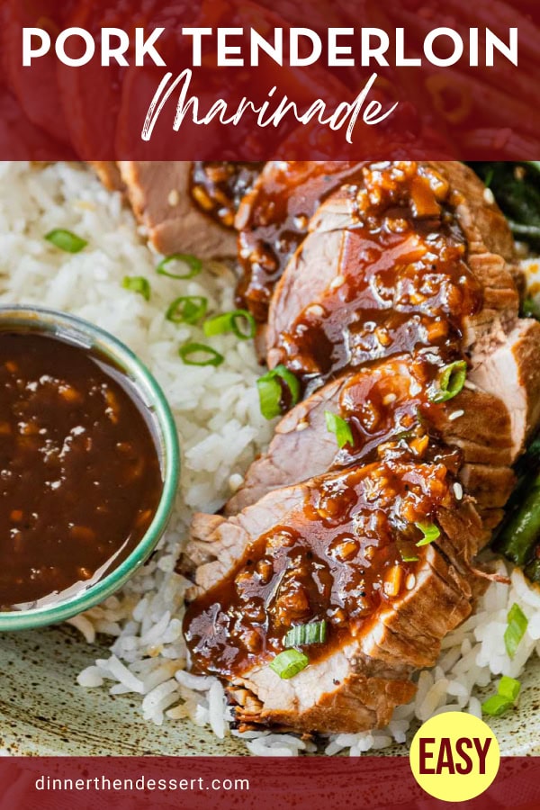 Sliced pork tenderloin on rice with sauce and sauce in bowl