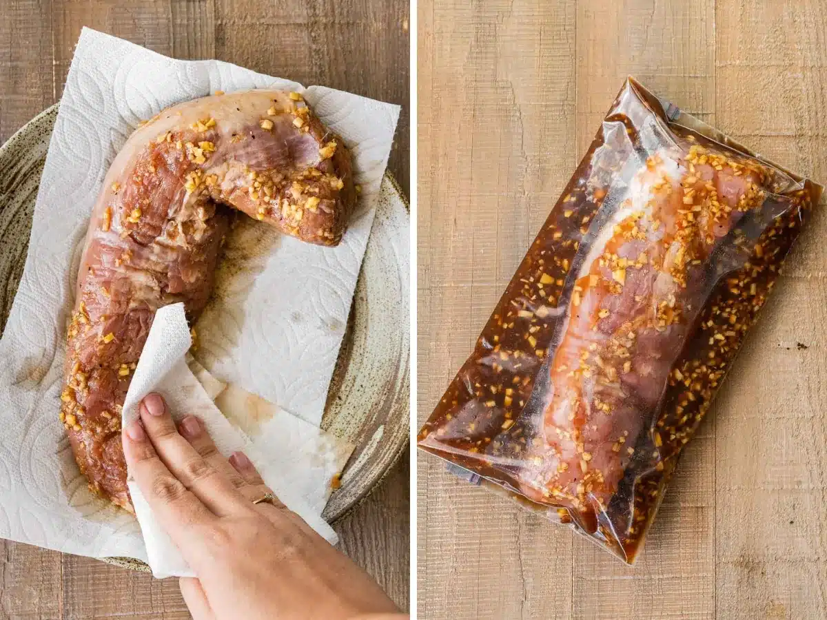 collage of pork being marinated and prepped