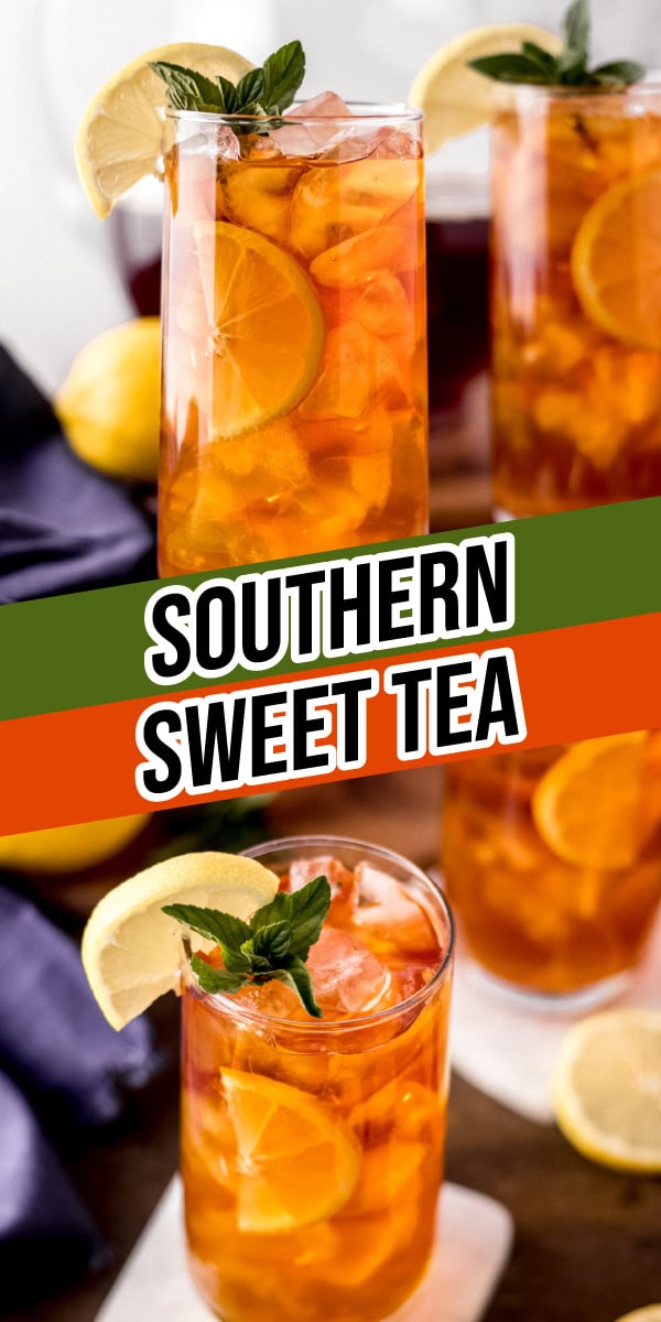 Collage of tea in glasses with ice and garnish