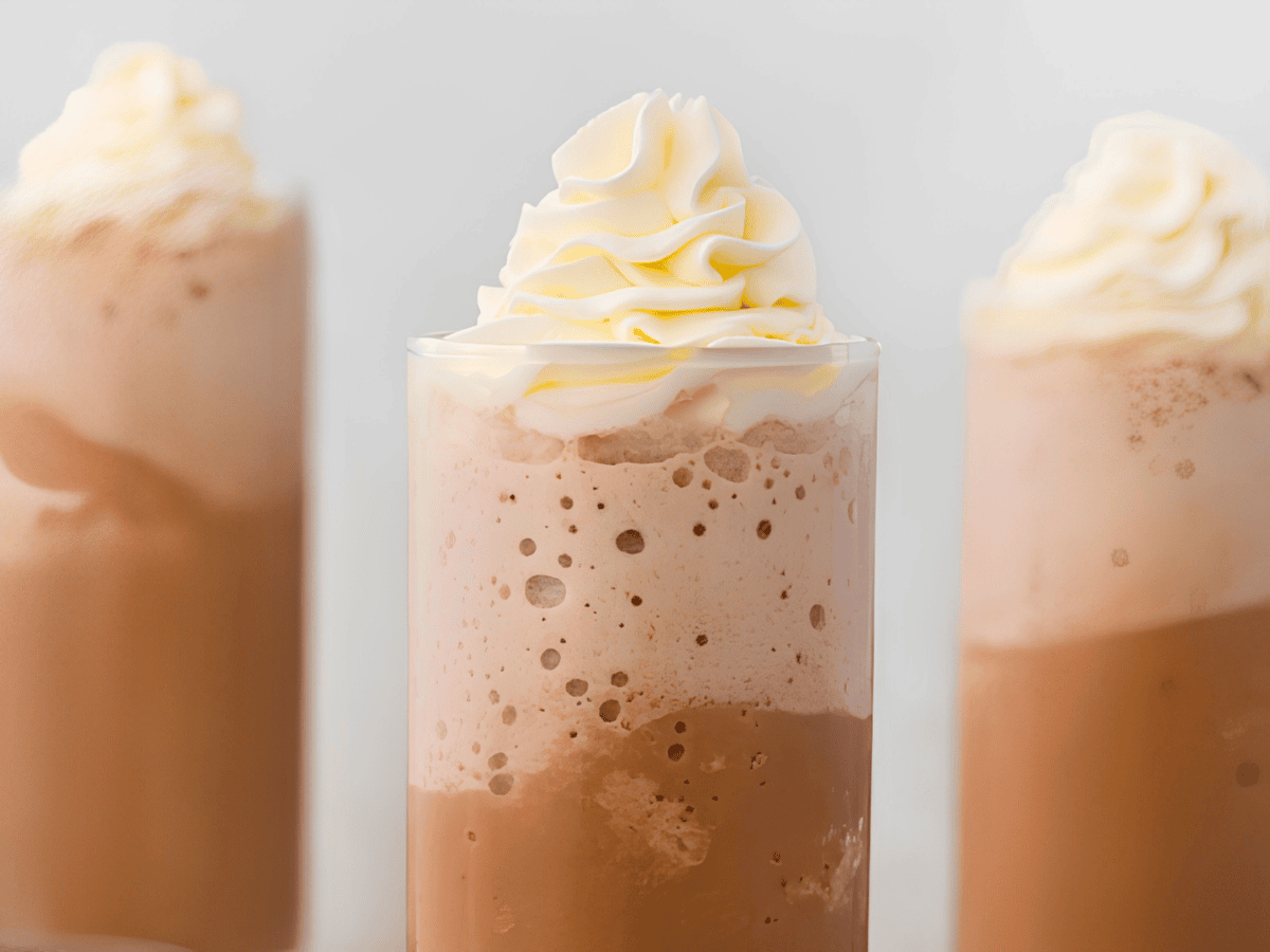 3 frozen coffees in glass cups with whipped cream