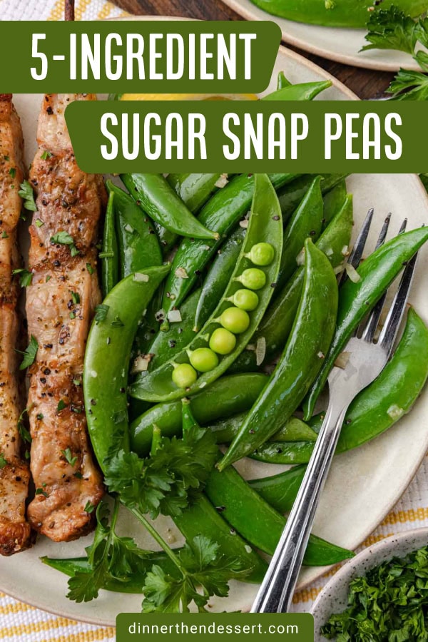Plated pea pods on plate with kebabs and fork.