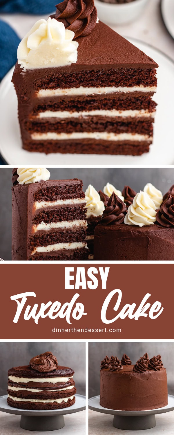 Collage of frosted cake whole and in slices.
