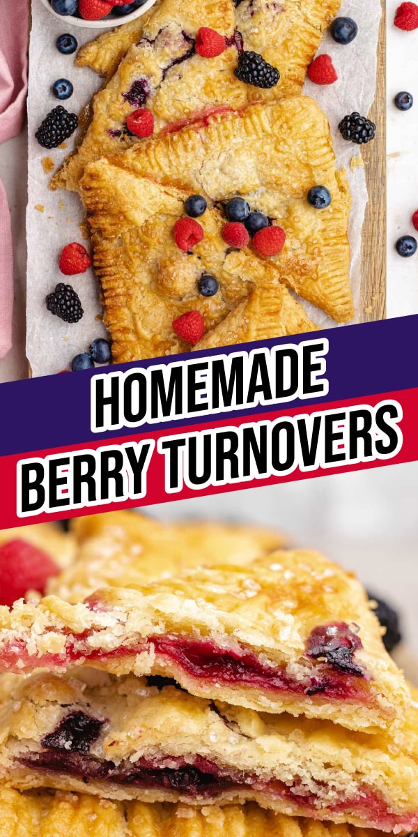Collage of Berry Turnovers on a baking sheet and close up