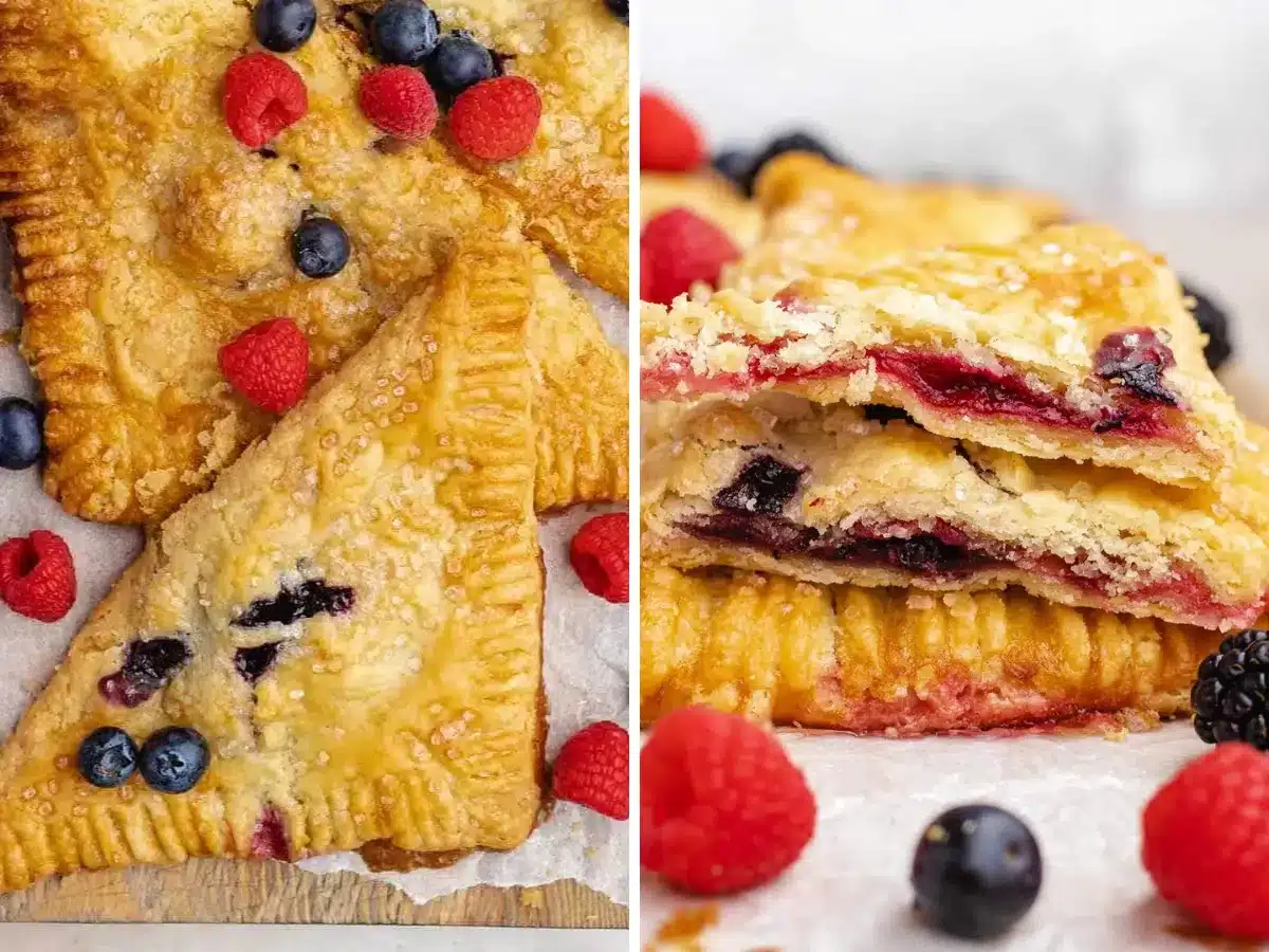 turnovers stacked together and stacked cut open collage 