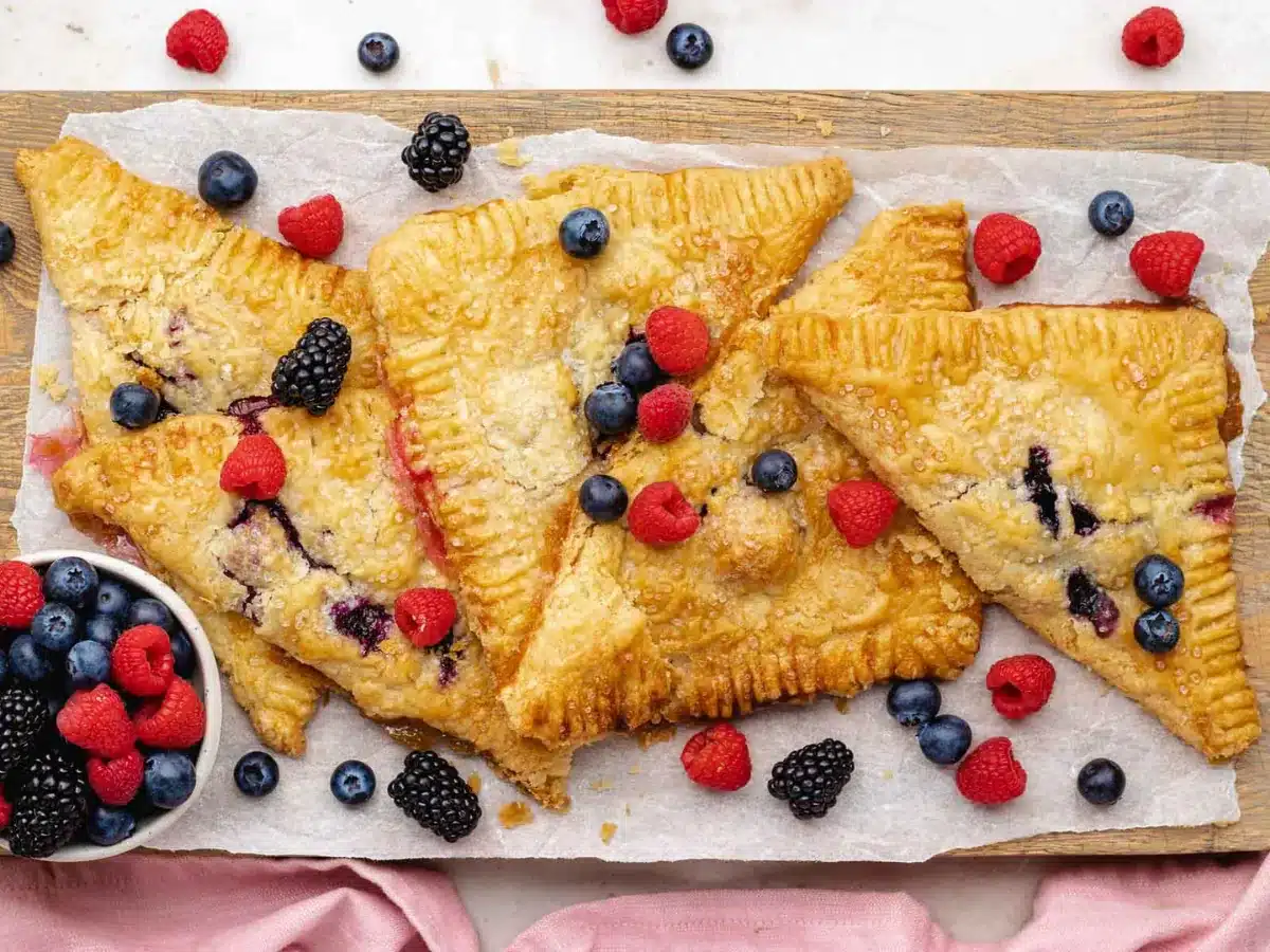 Cooked desserts on a baking sheet with berries around