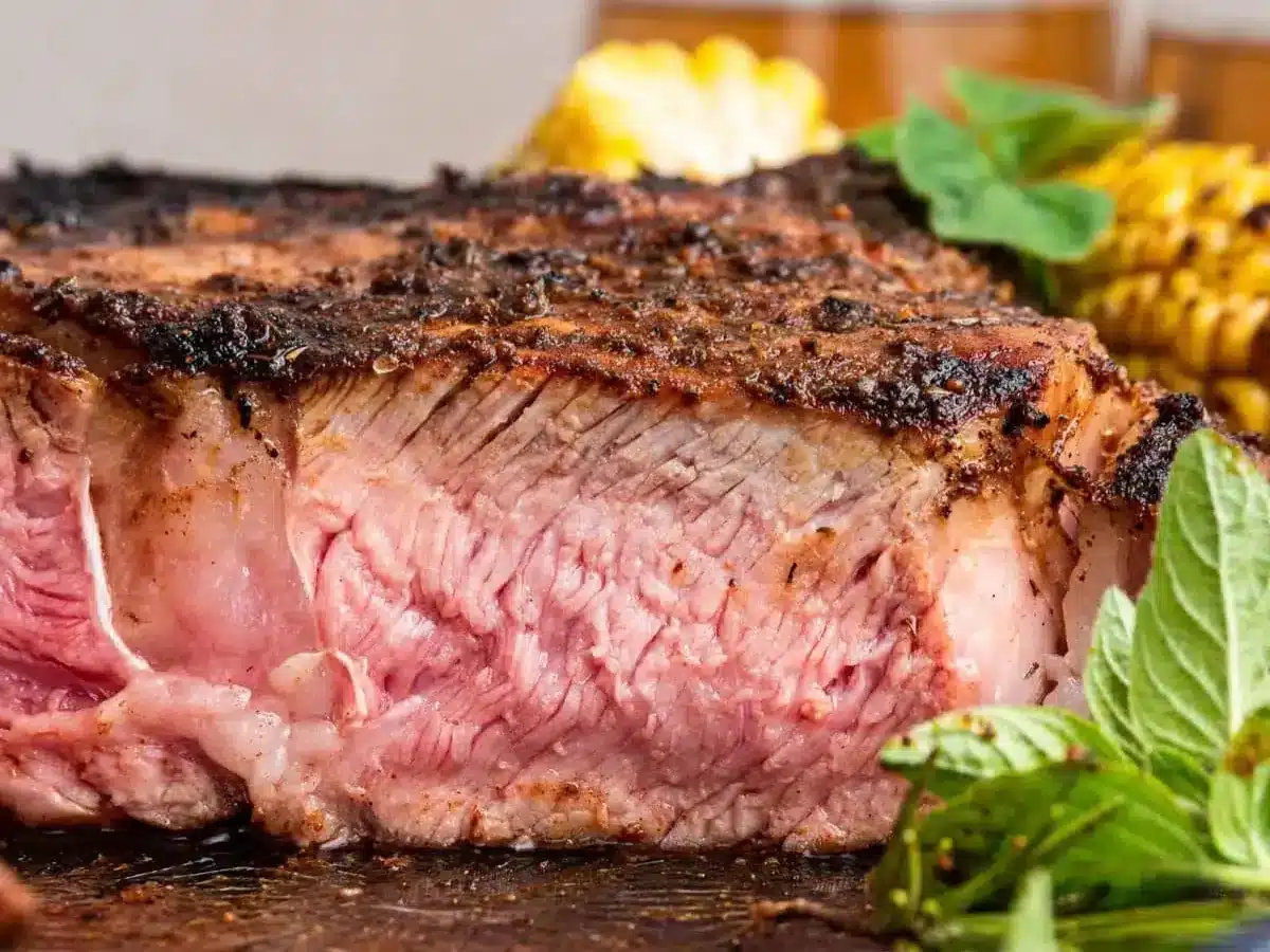 side view of sliced steak 