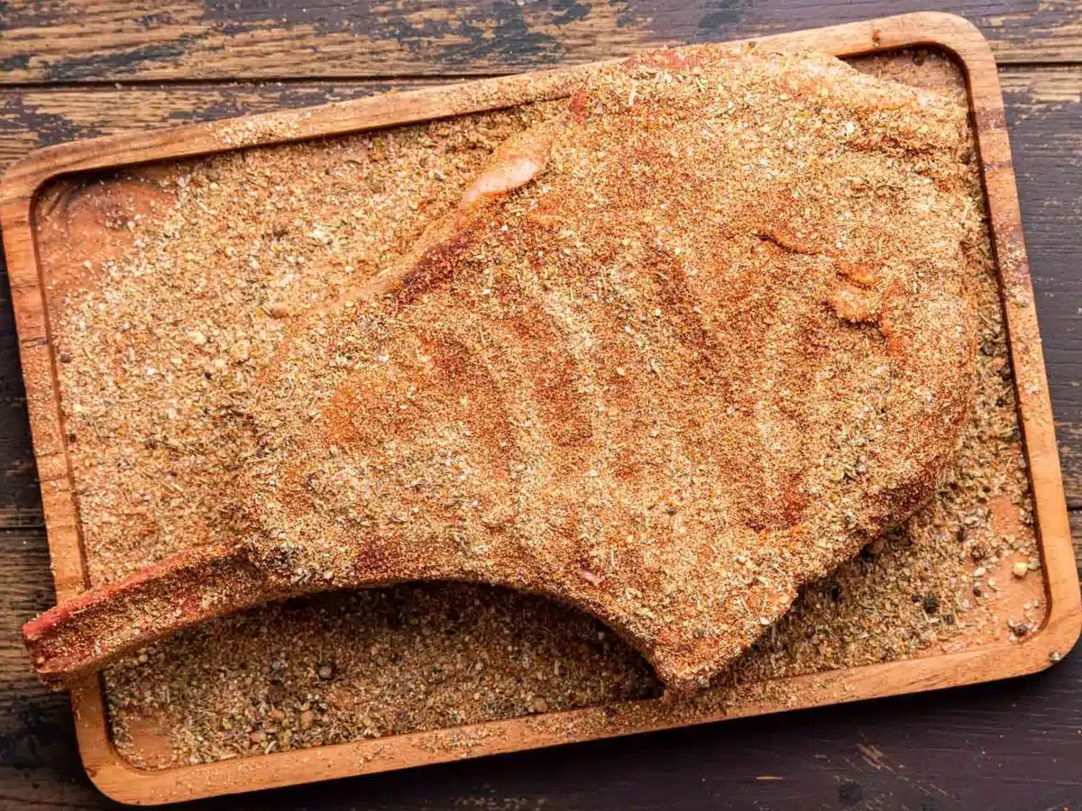 Raw beef with spice rub on top