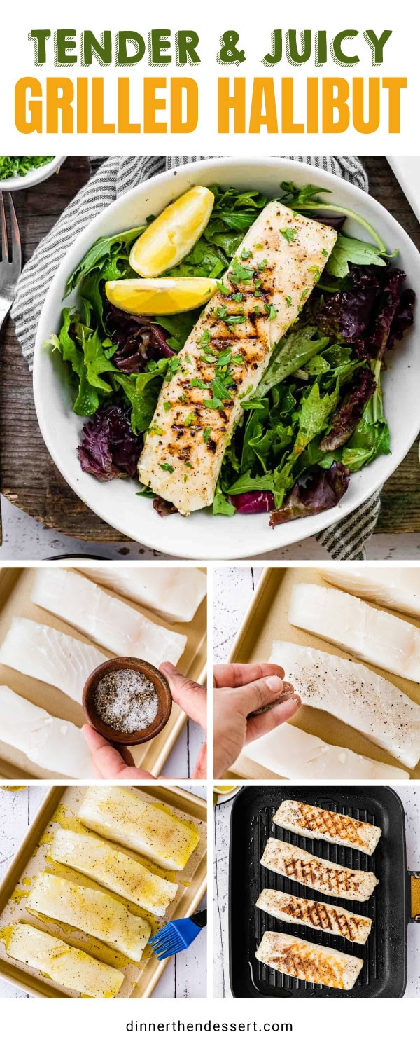 Collage of preparing raw fish and plated cooked halibut
