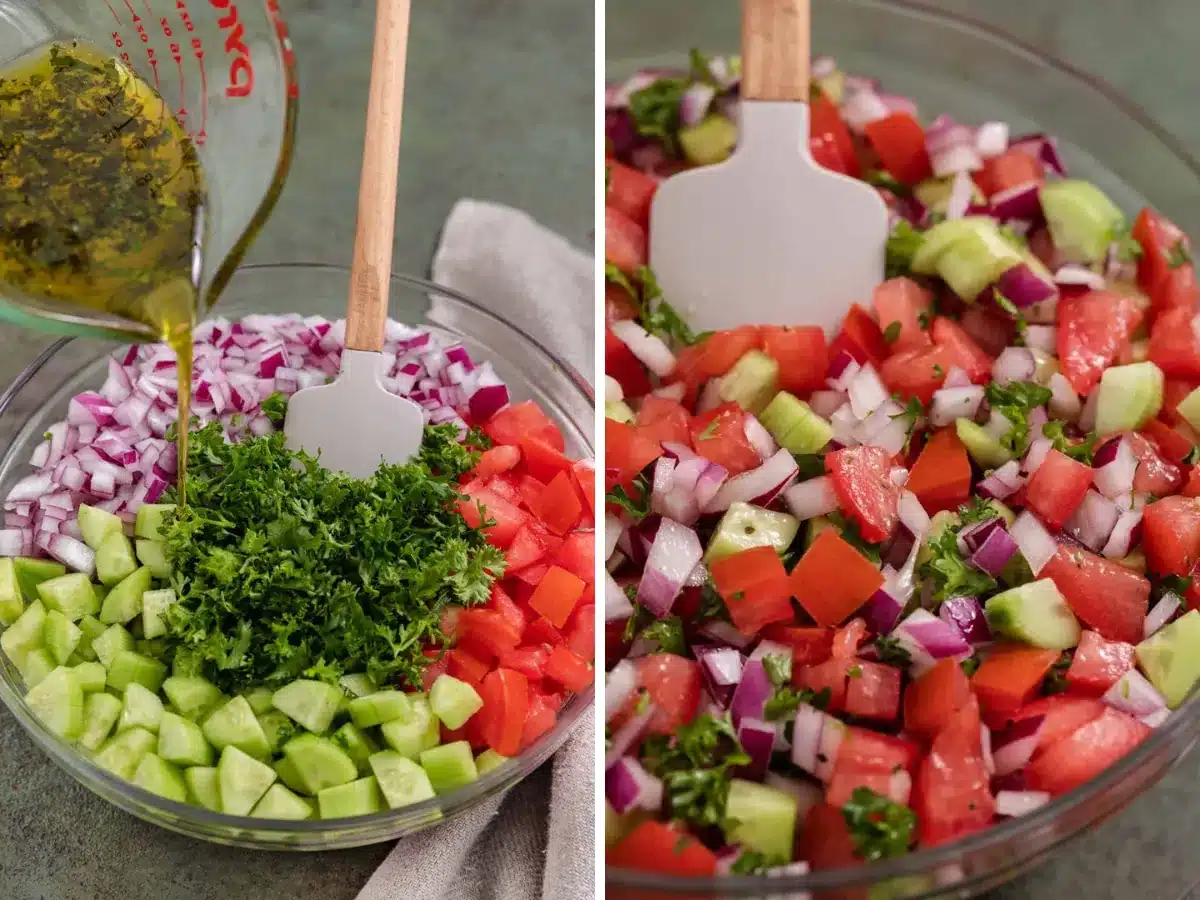 Collage of bowls, one ready to be mixed and one mixed together