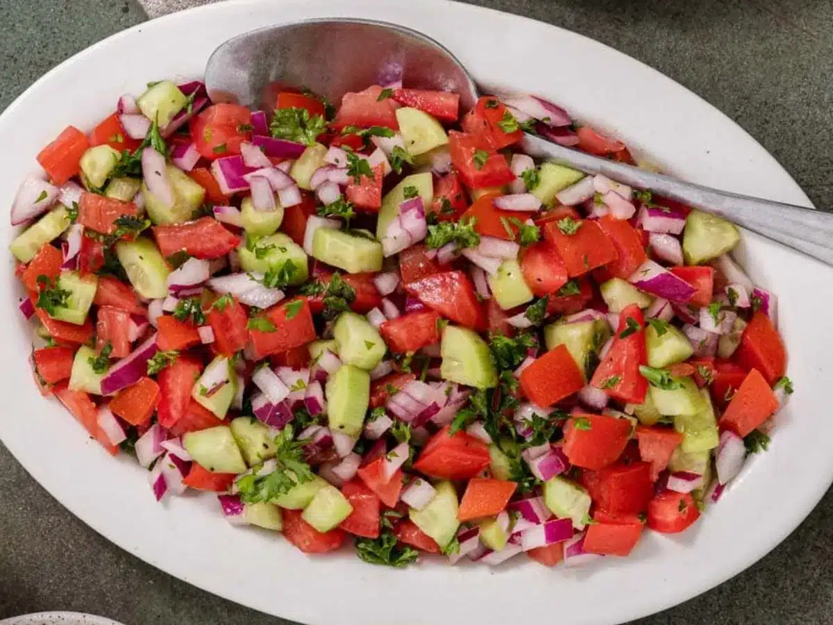 Mixed veggies and herbs mixed together ready to be served