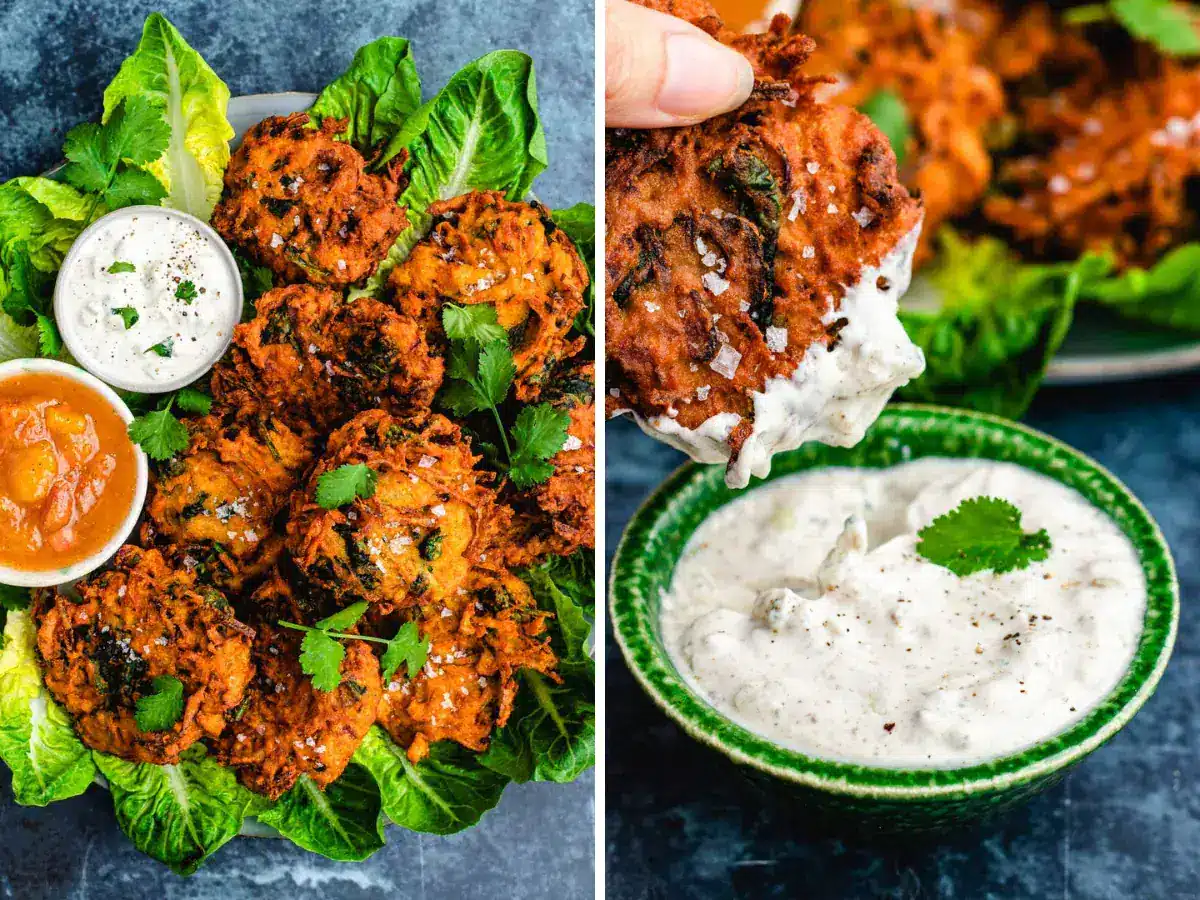 Collage of fritters served and in sauce