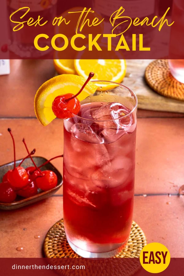 Prepared cocktail in tall glass garnished with orange and cherry.