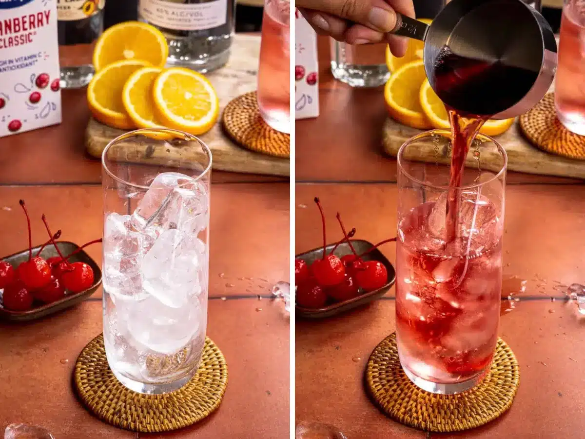 Collage cup of ice and cup of cocktail being poured in 