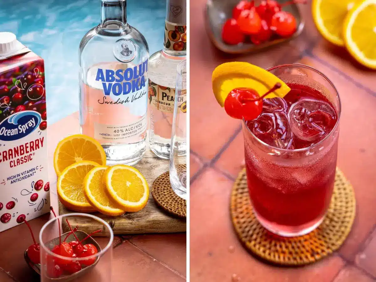 Collage of juice, alcohol, garnishments and finished drinks 