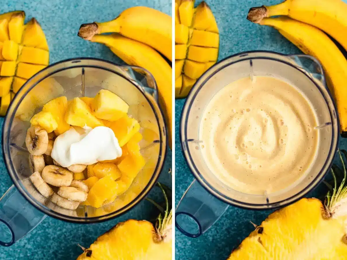 Ingredients in blender before and after blending 