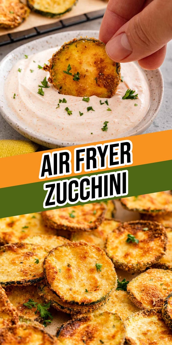 Collage of dipping fried zucchini in sauce and piled fried slices
