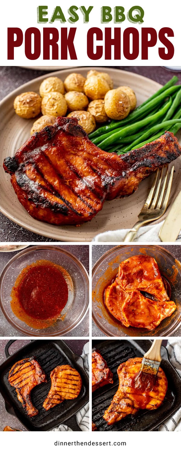 Collage of prepping pork chops and cooked chop plated with sides