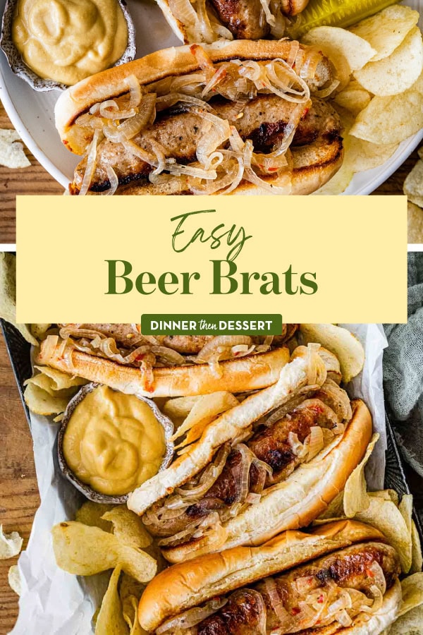 Collage of cooked brats plated in rolls with toppings