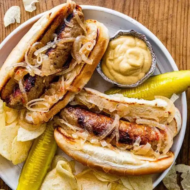 2 brats plated with pickles and dipping sauce