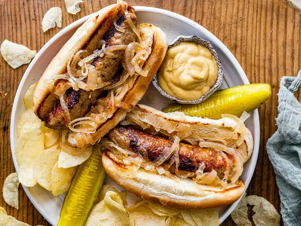 2 brats plated with pickles and dipping sauce