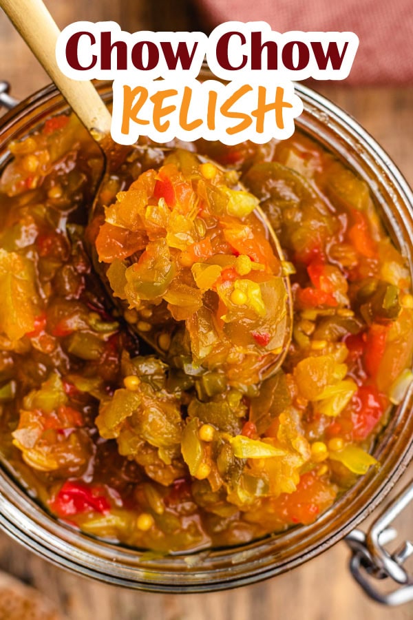 Prepared relish in jar and on spoon.
