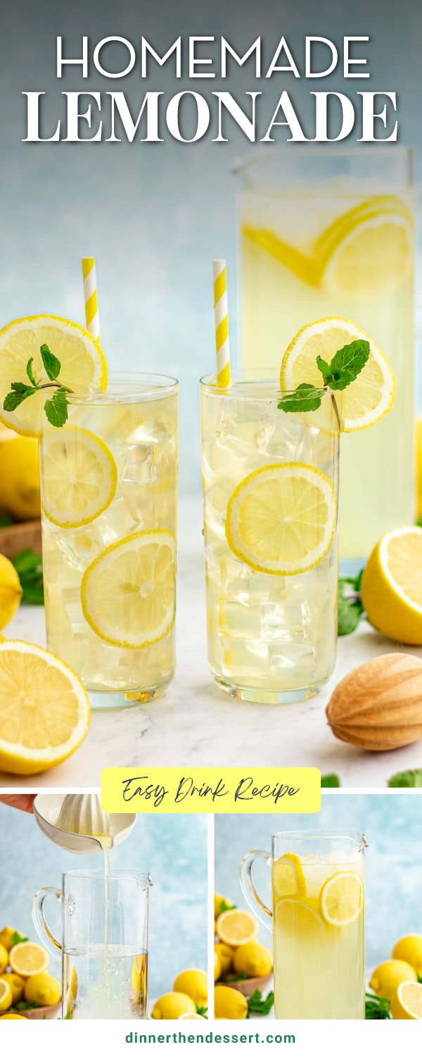 Two glasses of iced lemonade with lemon wheels, mint and straws