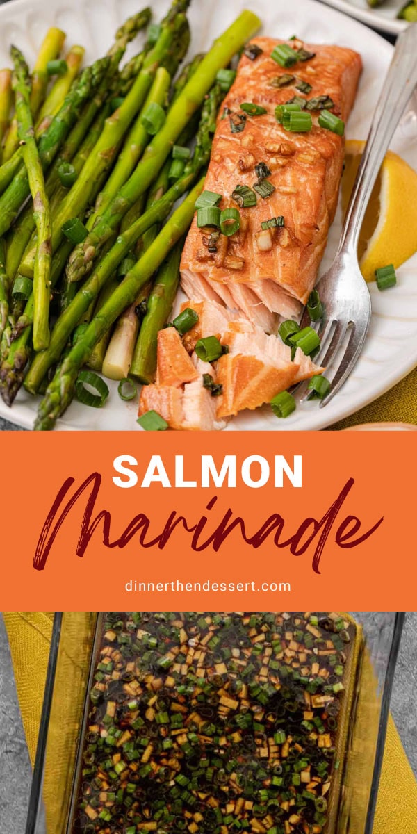 Collage of plated salmon with asparagus and pan of marinade