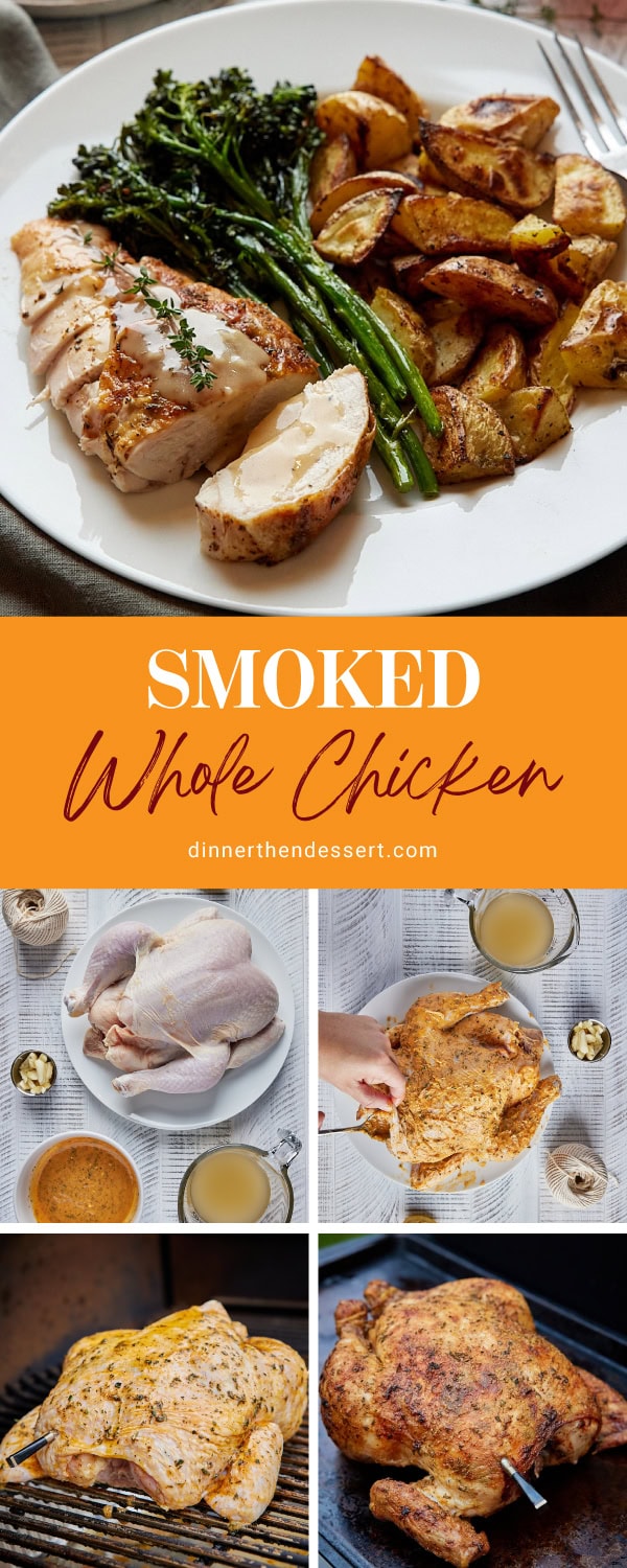 Collage of prep steps, cooked whole chicken and plated breast with sides.
