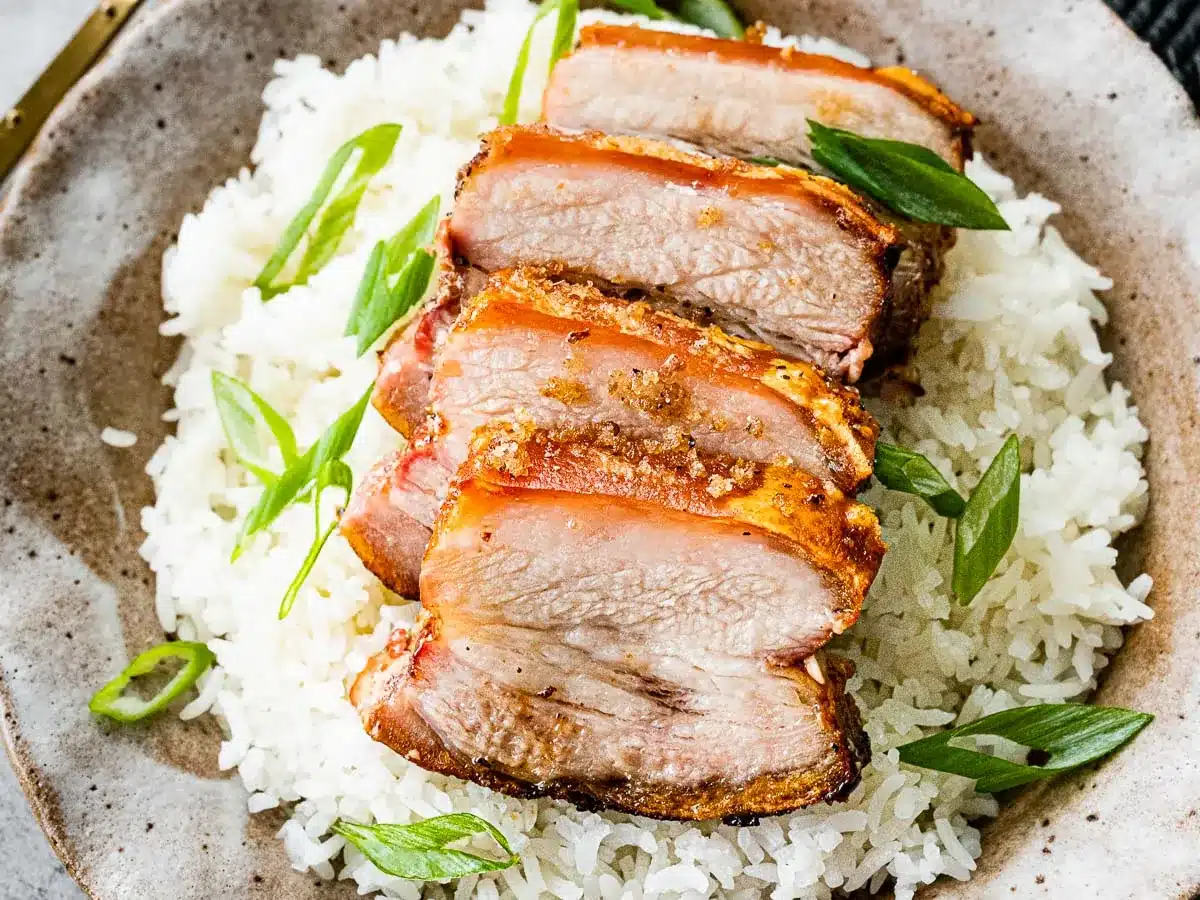 Dinner plate with sliced meat on a bed of rice.