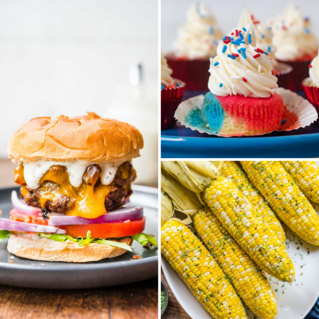3 image grid of ranch cheeseburger, 4th of july cupcake and grilled corn