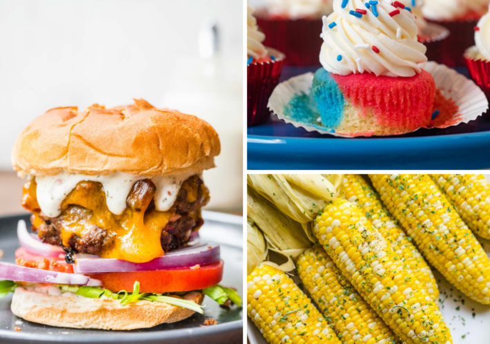 3 image grid of ranch cheeseburger, 4th of july cupcake and grilled corn