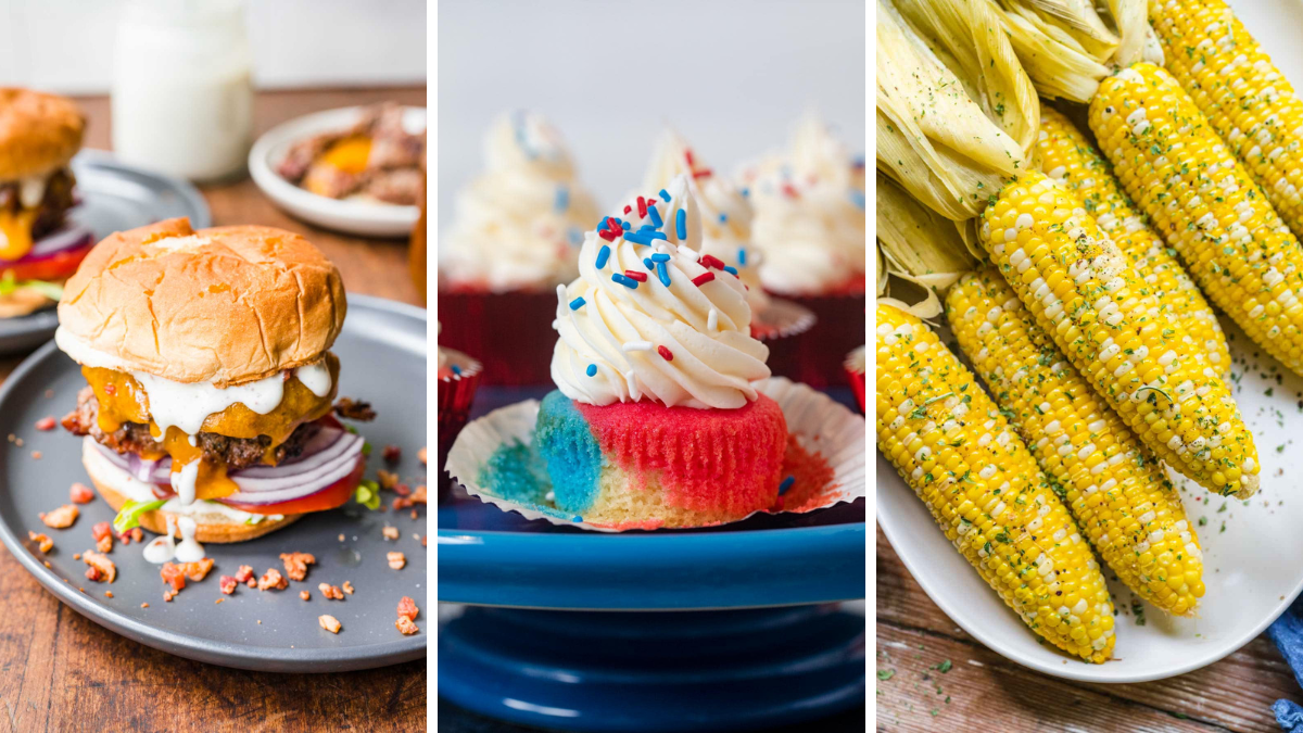 3 image collage of ranch cheeseburger, 4th of july cupcake and grilled corn