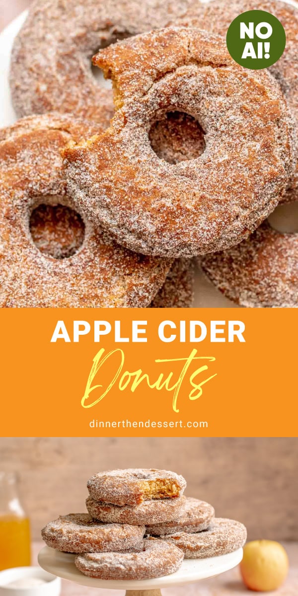 fried, sugared donuts in pile on cake plate and top down view