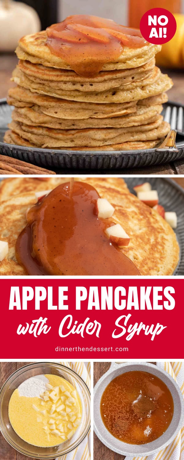 collage of stacked pancakes with syrup and preparation steps.