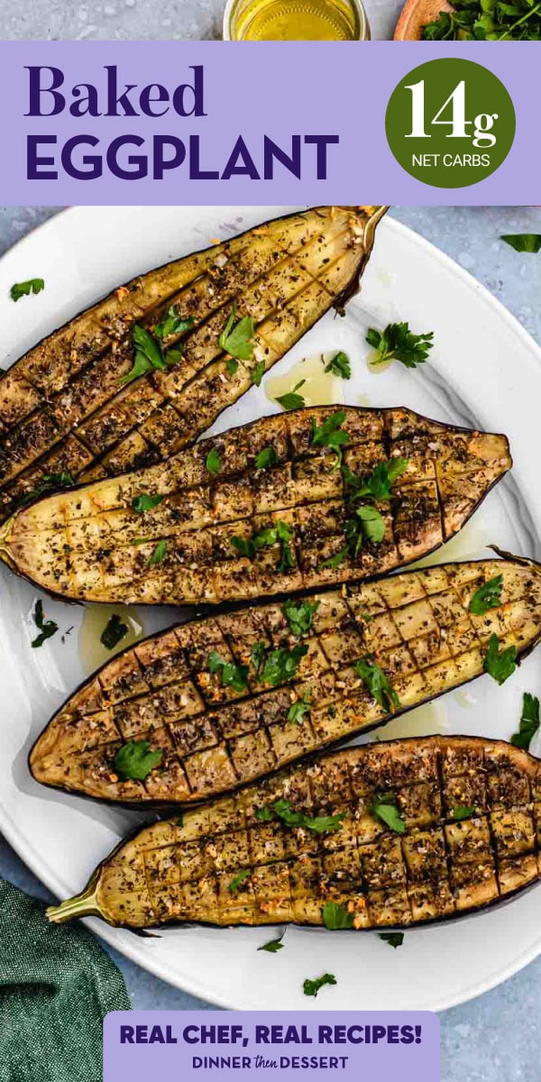 4 roasted eggplant halves topped with seasonings on platter